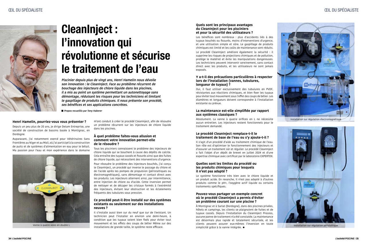 CleanInject : l’innovation qui révolutionne et sécurise le traitement de l’eau Innovation Cleaninject – système d’injection chlore auto-nettoyant pour piscines et eau potable